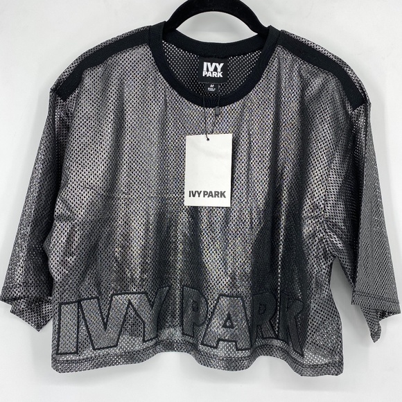 Ivy Park Metallic Mesh Crop Top Logo Gunmetal - Picture 2 of 6